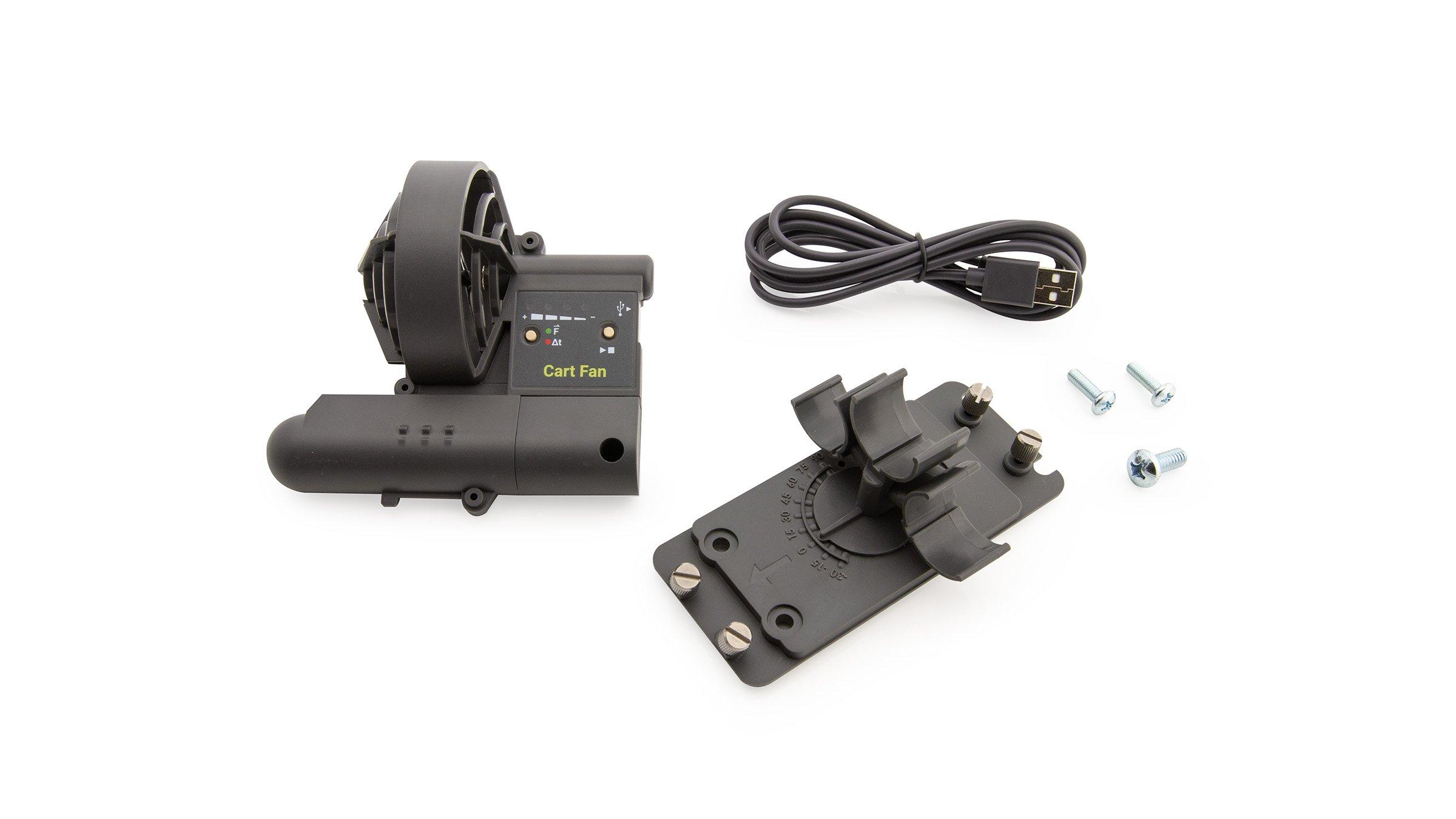 Cart Fan, Base Plate, screws, and a USB cable