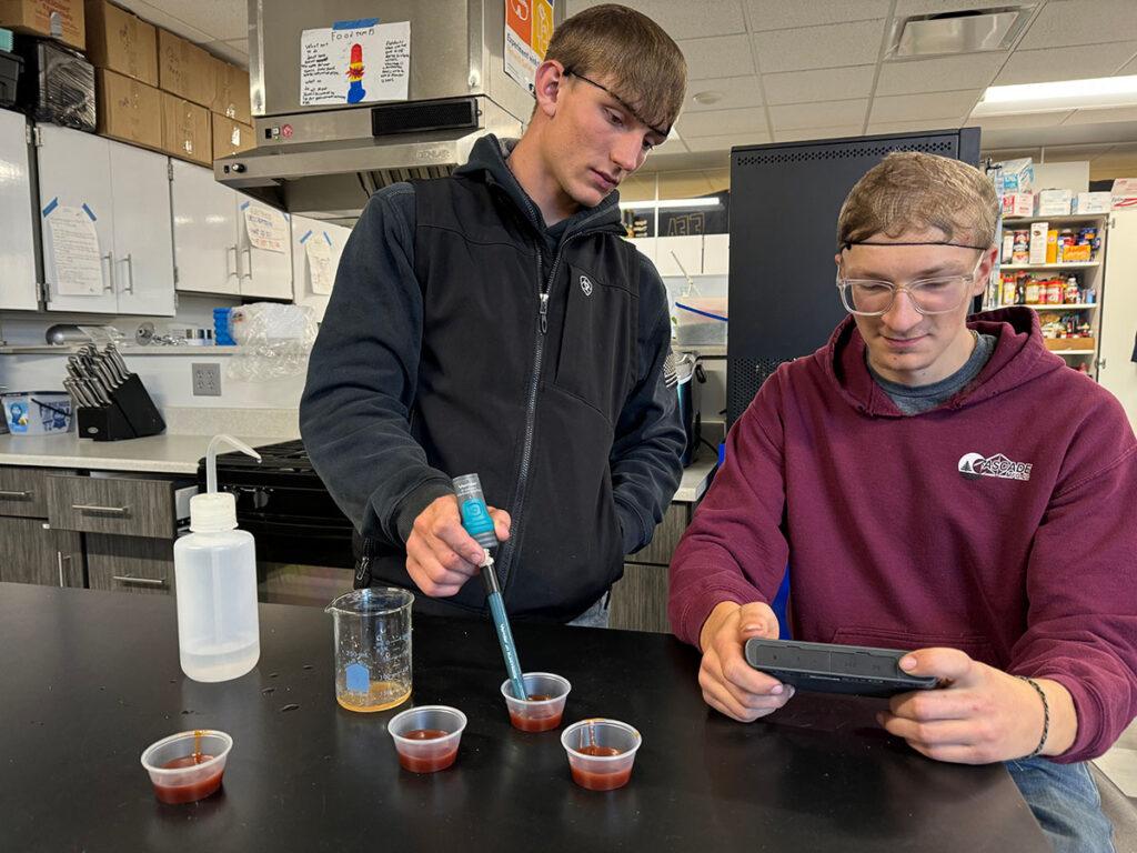 CTE Students using a Vernier Go Direct Tris-Compatible Flat pH sensor to test BBQ sauce.