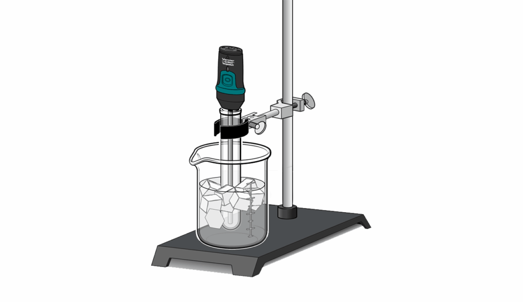 A Go Direct Temperature probe is suspended in a glass beaker by a clamp and a ring stand. The glass beaker contains salted ice and water. 