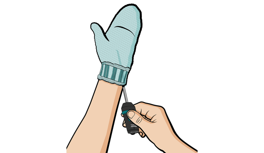 A student holds a Go Direct Temperature probe under a mitten, which is on their opposite hand. 