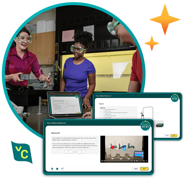 Teacher and students using Vernier Connections along with close-up screenshots