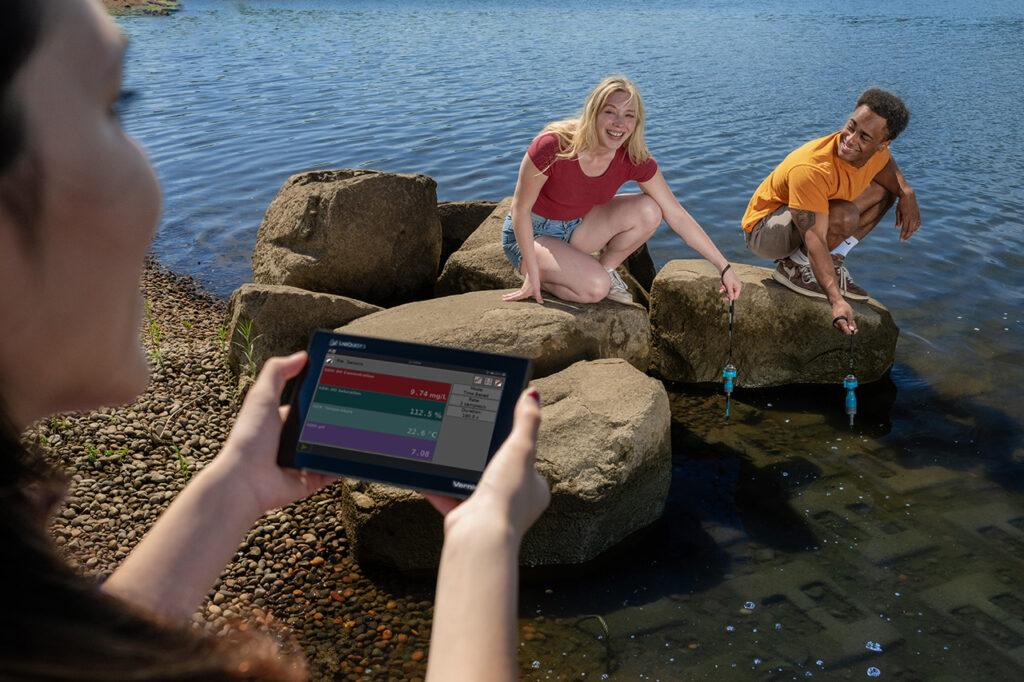 students at a riverbank using LabQuest 3, Go Direct Clamps, Go Direct pH, and Go Direct ODO sensors