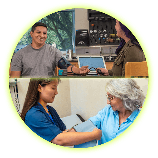 A split composite image of Vernier technology being used in the classroom on top, and similar real-world technology being used in the workplace on the bottom