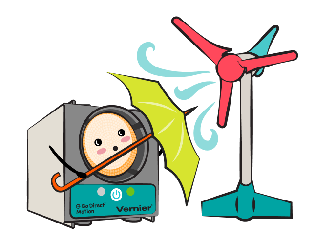 Mo the Motion Detector holds an umbrella as wind from the a small turbine pushes against the umbrella