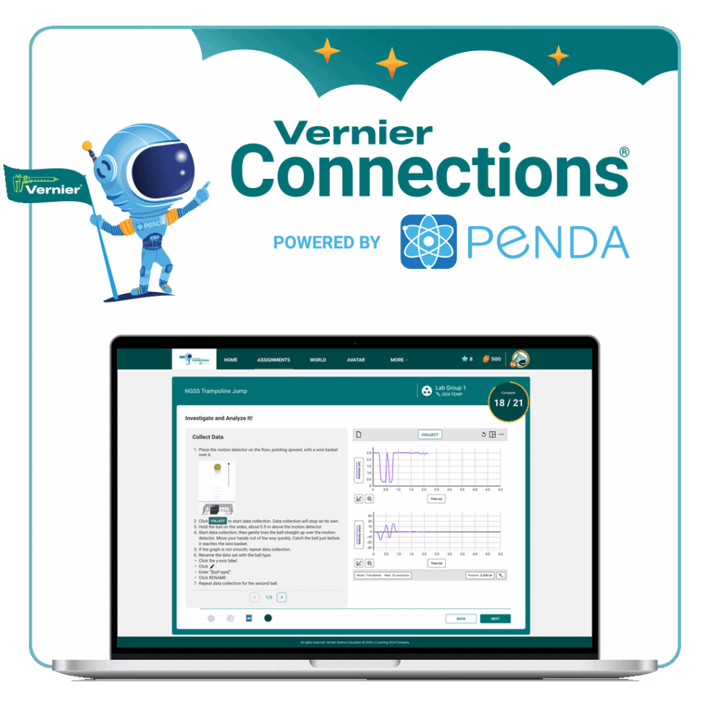 Vernier Connections logo and laptop with screenshot of the app