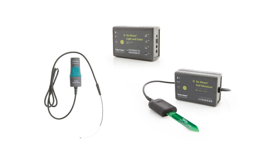 An assortment of sensors: Go Direct Surface Temperature, Go Direct Light and Color, Go Direct Soil Moisture