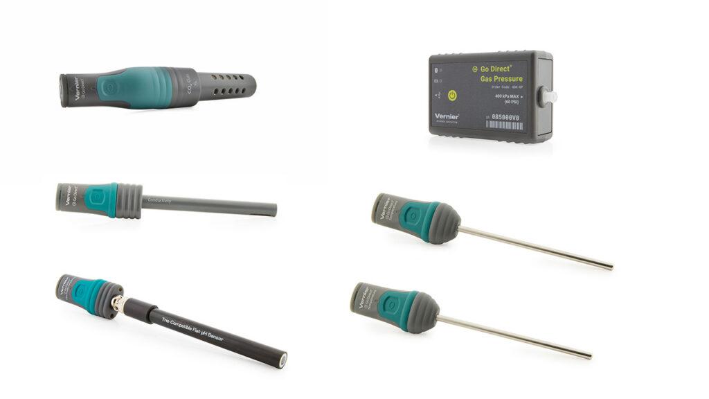 An assortment of Go DIrect sensors: temperature, gas pressure, conductivity, flat pH, and carbon dioxide