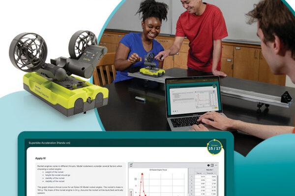 Vernier Connections in use in a physics classroom with a Go Direct Sensor Cart and a close up of Connections screenshot.