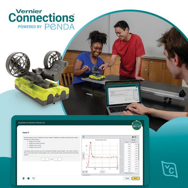 Vernier Connections in use in a physics classroom with a Go Direct Sensor Cart and a close up of Connections screenshot.