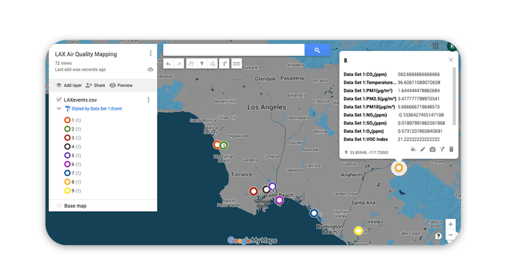 A map of the LA area containing multiple locations of datasets collected, a majority on the coastline: Dockweiler, Clutter, Ken Malloy, Wilmington, Hudson, Harry Bridges, Ronald Regan, and Newport Bay.