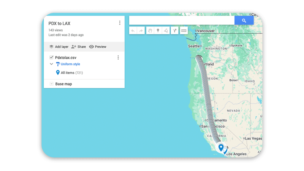 A map displaying the United States West Coast shows the data collection starting in Portland and ending later in LA.