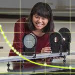 Illustration of student using Light & Optics kit with data trace overlay