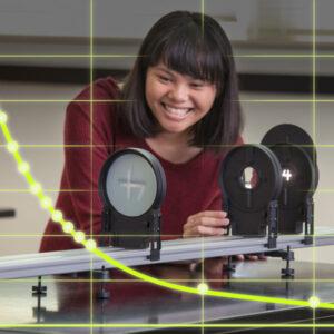 Illustration of student using Light & Optics kit with data trace overlay