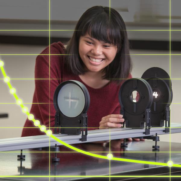 Illustration of student using Light & Optics kit with data trace overlay