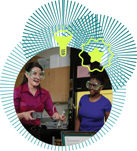 Collage of a teacher and student in the classroom, with a lightbulb and star icon graphics